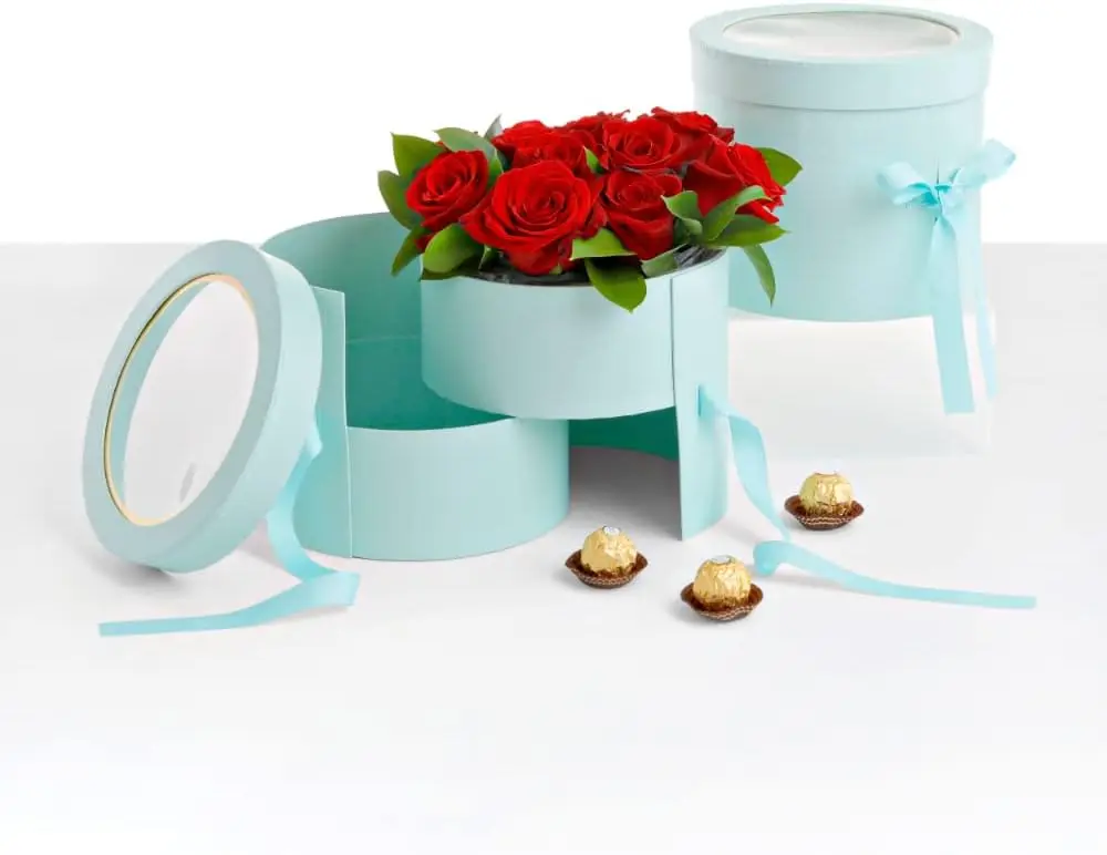 Teal Luxury Flower Box Round Gift Box with Ribbon and Clear Lid Custom Chocolate Candy Strawberry Packaging Boxes
