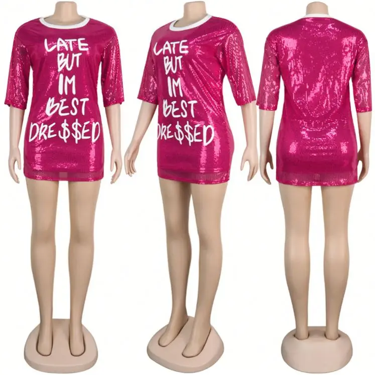 
new style women long sleeve round neck print letter sexy mini clubwear sequin dress Sequin Lady Sexy Dress 