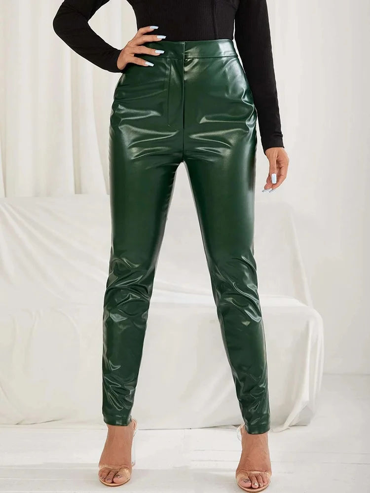Fashionable Plus Size High Waist Pu Leather Skinny Pencil Pants Green Slim Ankle-length Trousers