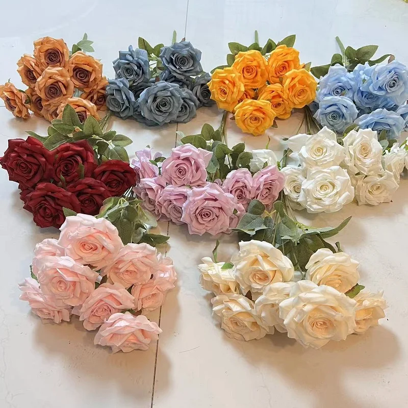 European Style 9 Heads Diamond Roses Wedding Hotel Decoration Leads Rose Flower Bouquet Artificial Flowers