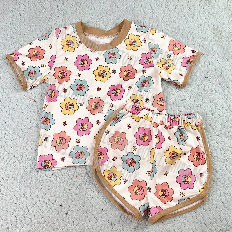 DH ODM summer wholesale boutique Flower basic tee shorts two pieces toddler outfit  girls shorts sets