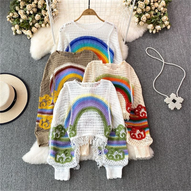 Spring New Lantern Long sleeved Hooked Flower Hollow Knitted Shirt Fashionable Tassel Overlay Cover Up Round Neck Loose Sweater