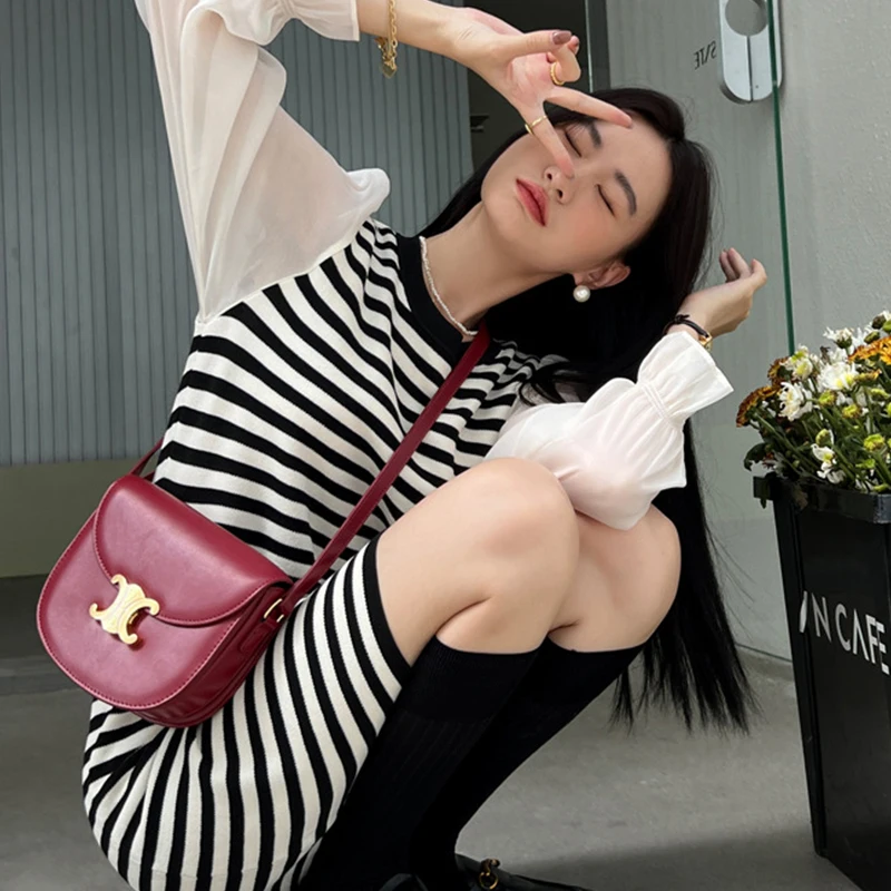 2022 F/W Ladies New Casual Chiffon Dresses Women Lady Elegant Patchwork Contrast Stripe Knit Loose Mid Length One-Piece Dress