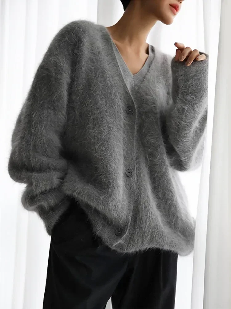 Autumn Winter Lady Commute Base Jaket Knitted Thick Cashmere Wool Women Cardigan Chic V Neck Single Breasted Long Sleeve Sweater