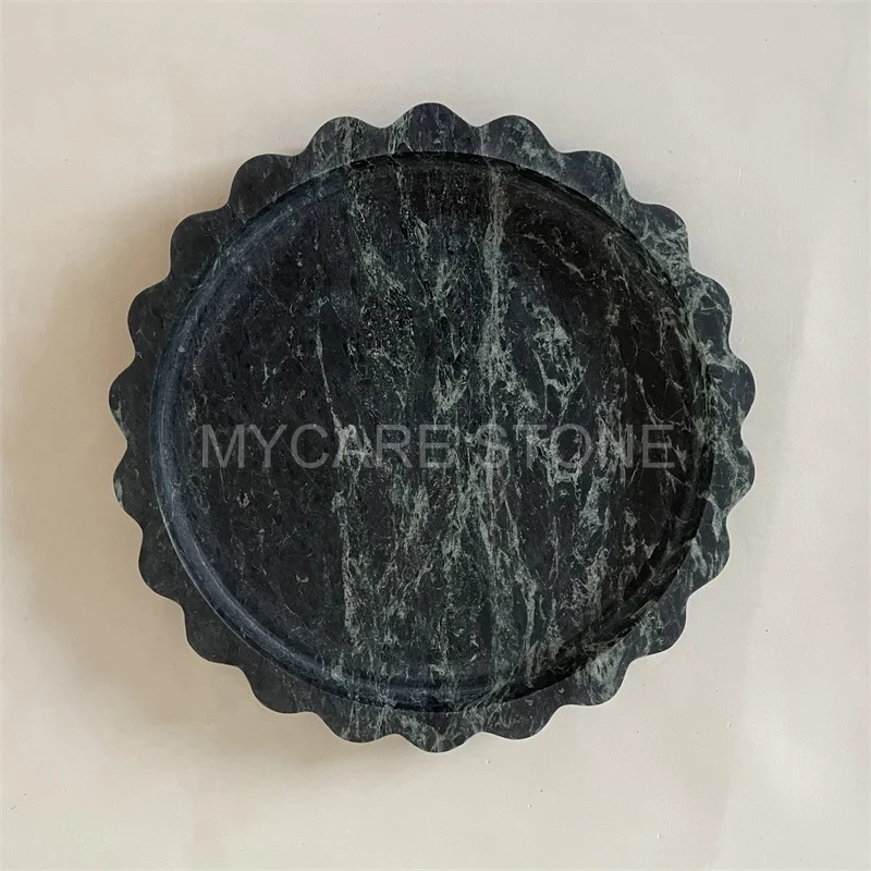 Natural rounds scalloped marble stone jewelry tray cosmetic dinner fruit plate decorative scalloped edge tray