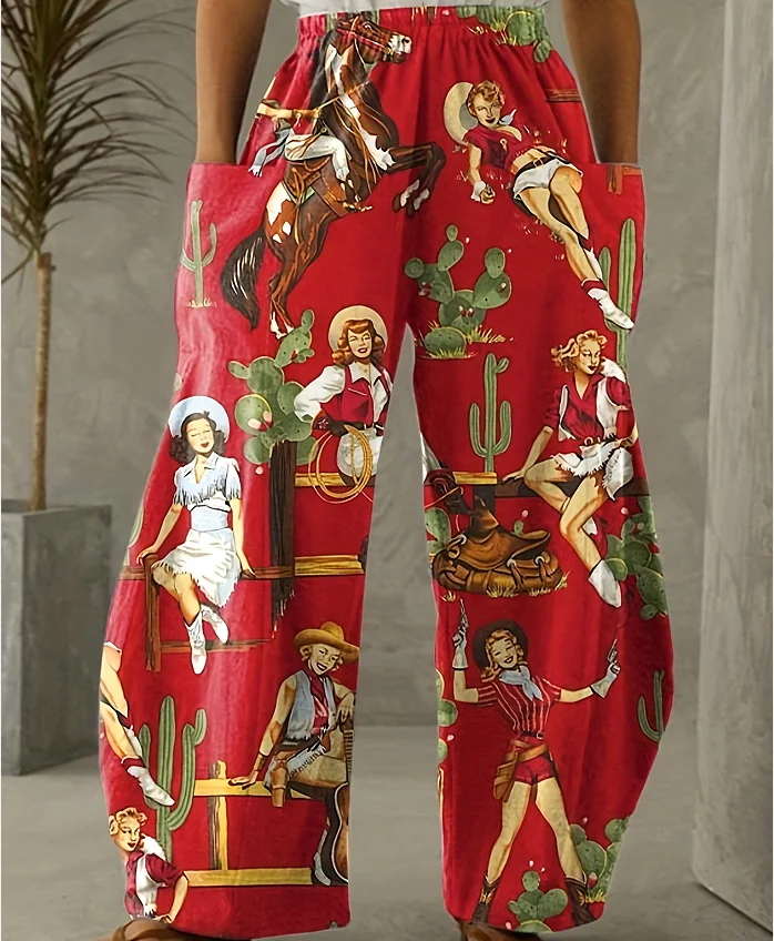 2024 Summer Custom Printed Western Cowgirl Pantalones Para Mujer Trousers Casual Wide Leg Pants Women