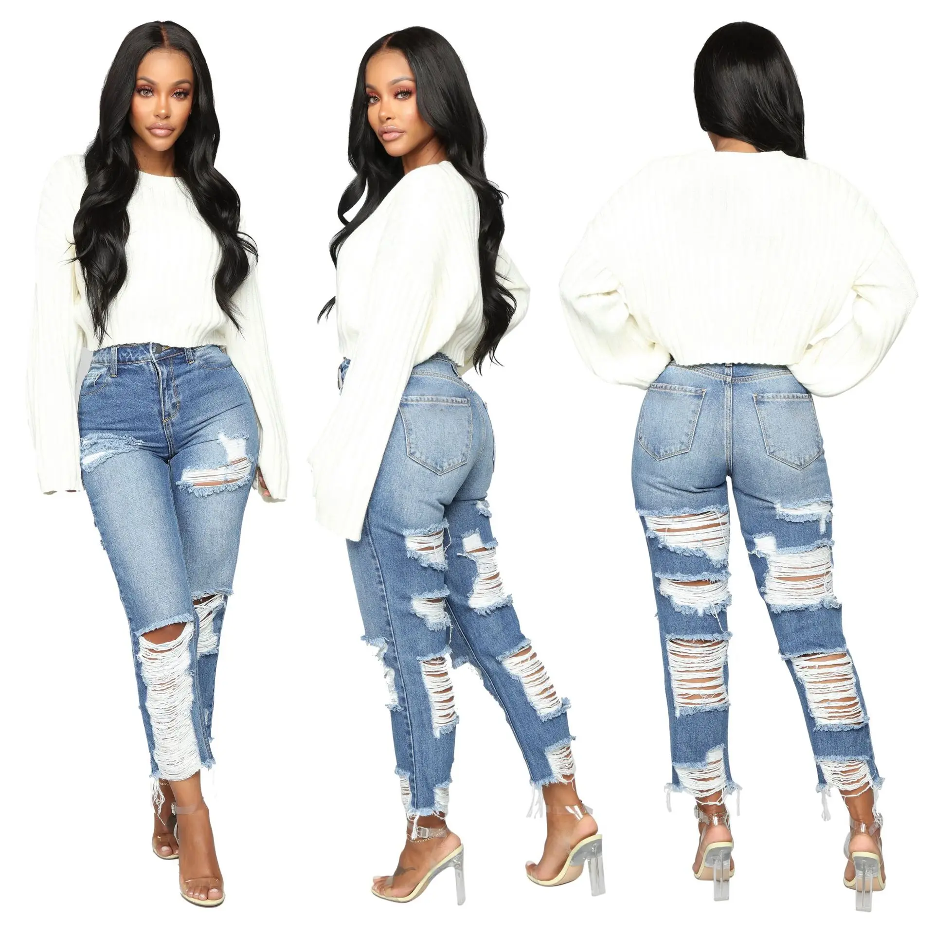 
Wholesale ladies hole ripped striped denim trousers high waist pants washed straight jeans 