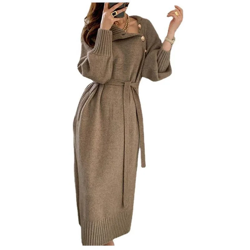 Wholesale Summer White Women Long Sleeve Knitted Dress French Style Elegant Sweater Casual Maxi Dress for Women with Button