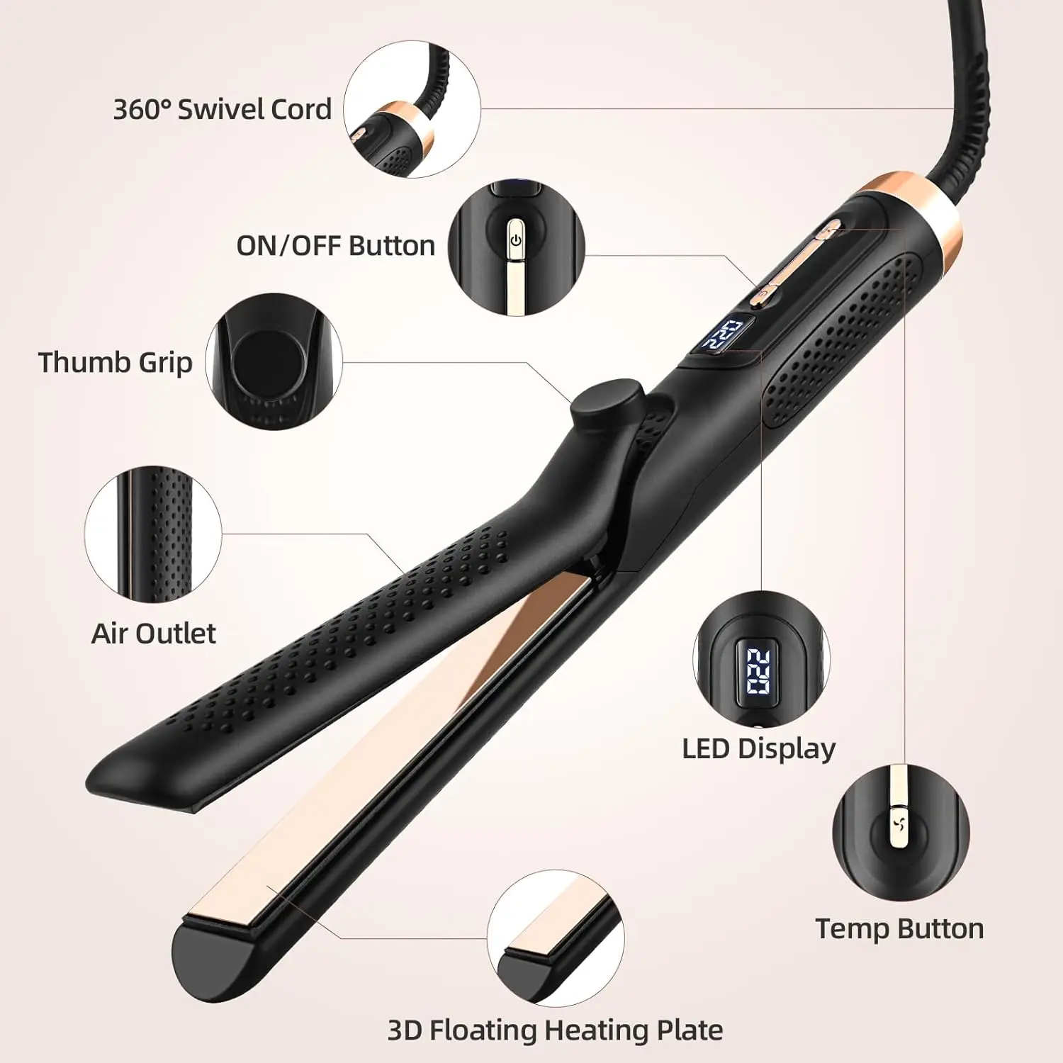360 Airflow Cooling Air Vents Styler Professional 2 in 1 Curling Iron and Straightener with Ionic Airflow ceramic Flat Iron
