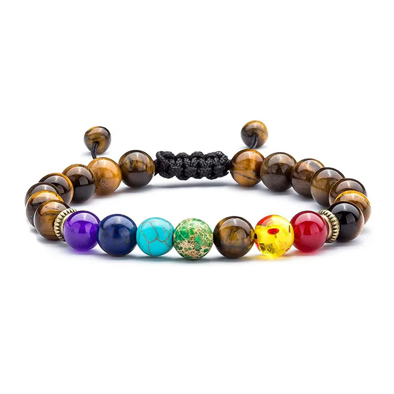 Hot Elastic 7 Chakra Tiger Eye Volcanic Stone Bead Charm Bracelet Women Men Woven Rope Lava Healing Stone Yoga Energy Bracelet
