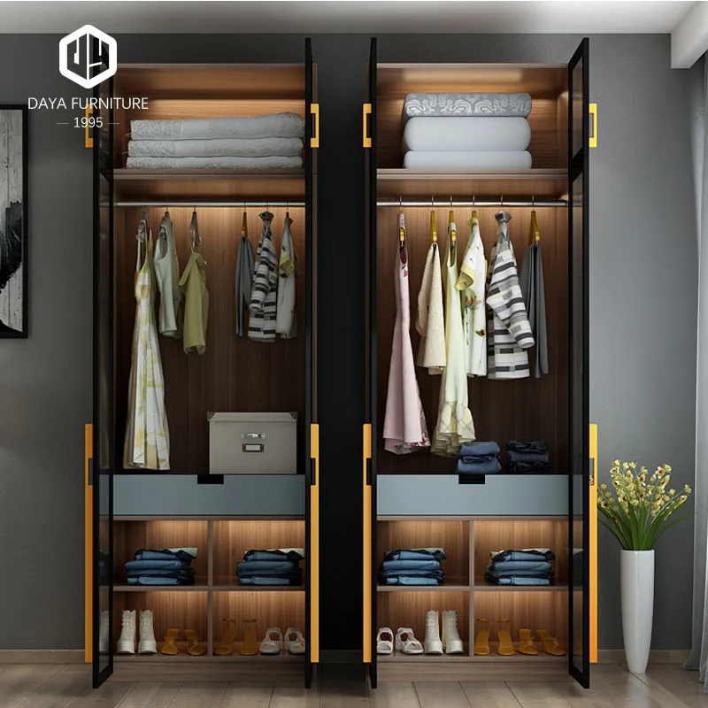 Modern walk in closet aluminum frame glass door wooden wardrobe closet design