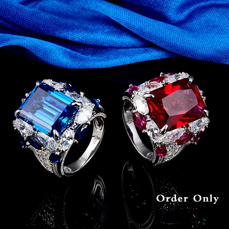 Luxury Ruby Emerald Ring Setting Cubic Zirconia 925 Sterling Silver Chunky Rings