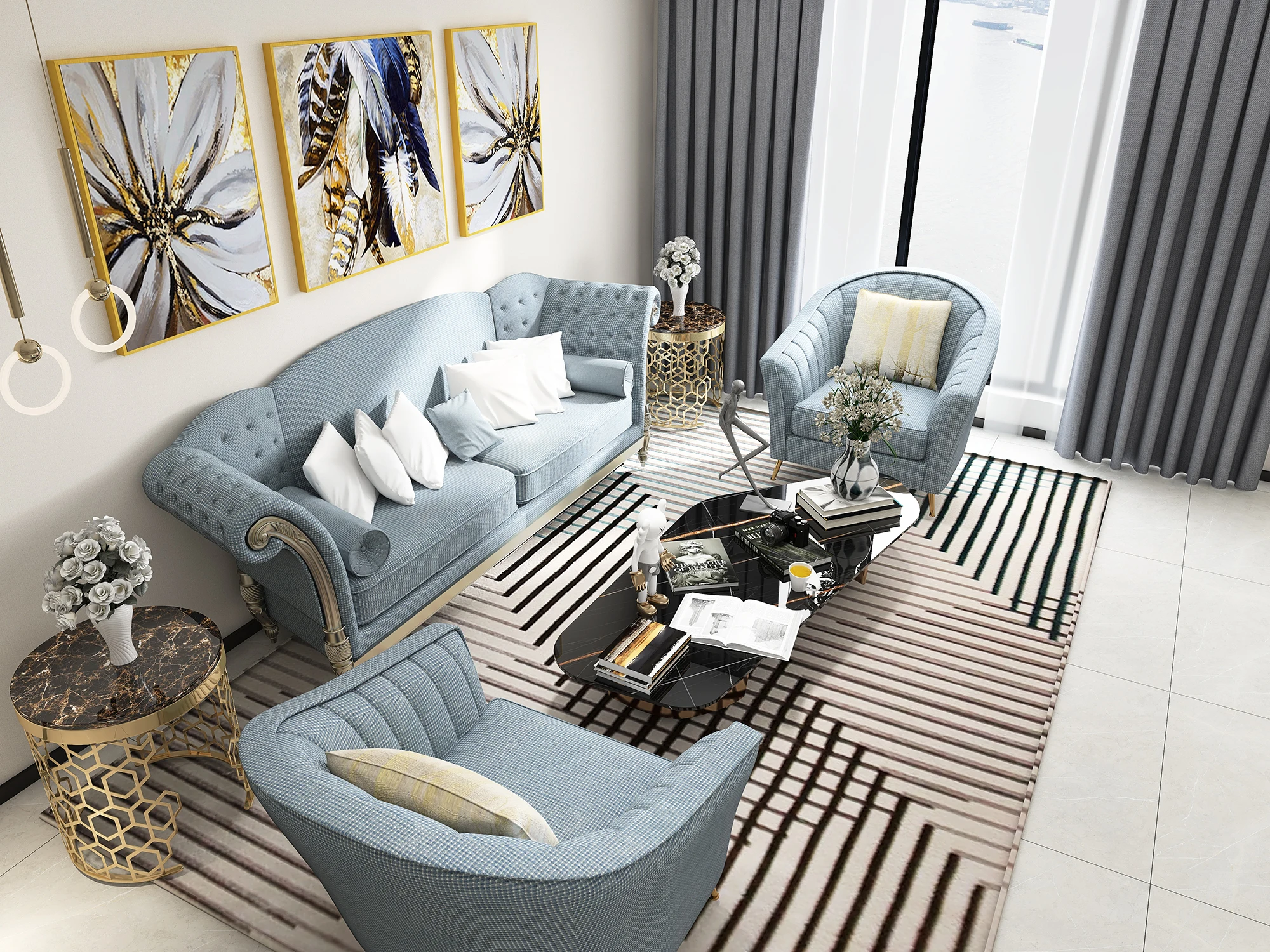 OKL20530 Office Luxury Upholstery Crypton Chesterfield Corner Fabrics for Sofas Set Golden Legs and Furniture