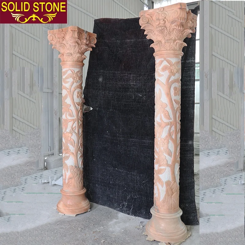 Custom Decorative Round Pillar Outdoor sunset red Marble Roman Columns
