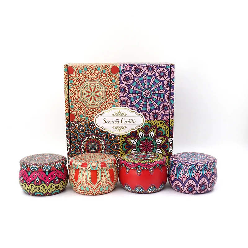 Portable Eco-friendly printed round metal travel tin soy candles with customized box