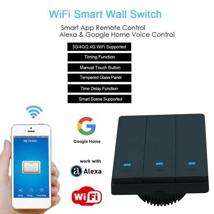 OEM  1 2 3  UK EU Smart Remote Control Switches Wifi No Neutral Light on off 220V Alexa Tuya Black on off  Push Button Switch