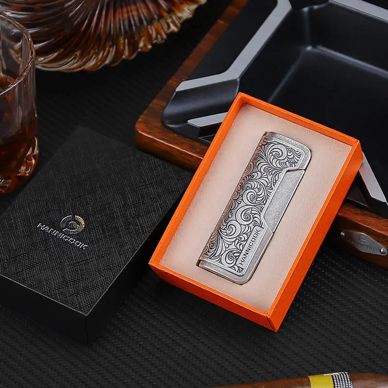 KY Explosive Model Luxury Vintage Engraved Butane Gas Refillable Windproof Metal Jet Torch Lighter for Cigar