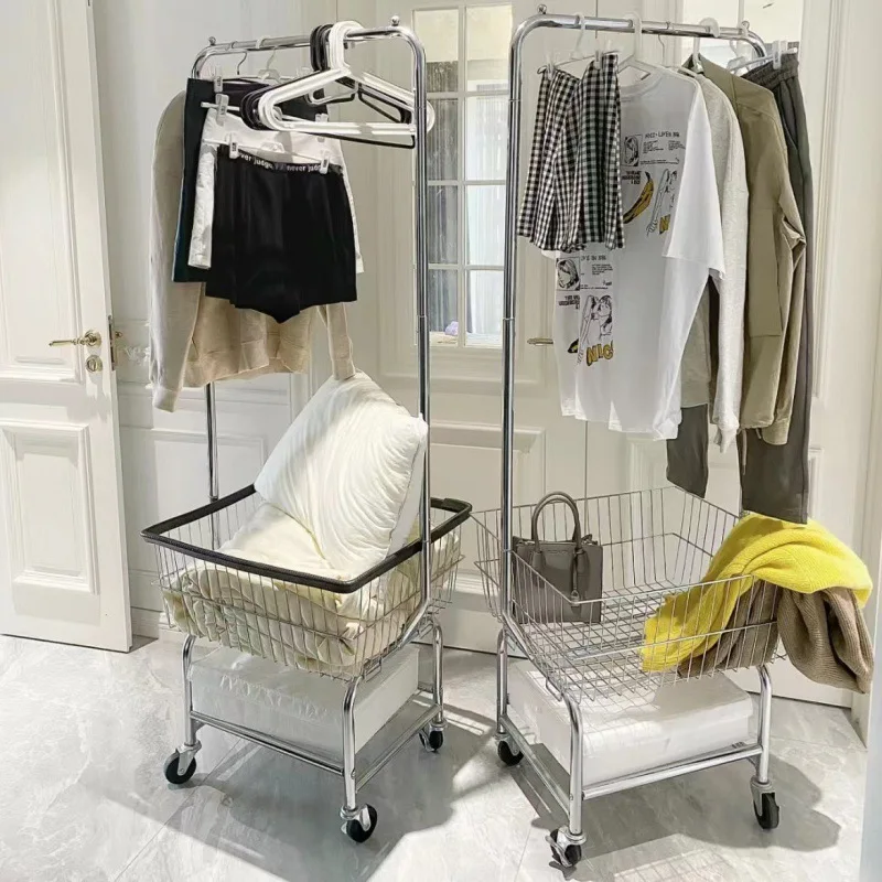 Simple stainless steel clothes hanger double-layerlow-priced mobile cloth clothes hanger wardrobebathroom storage clothing store