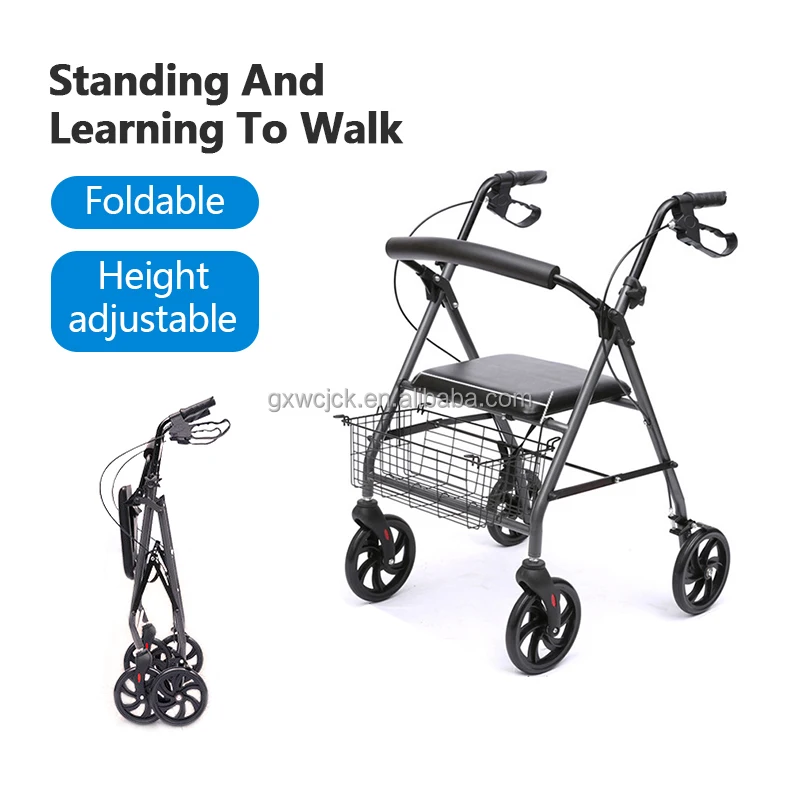 Stroke Hemiplegic Standing Frame Walking Aid Aluminum Alloy Rollator Mobility Walker for Elderly and Disabled Adults with Seat