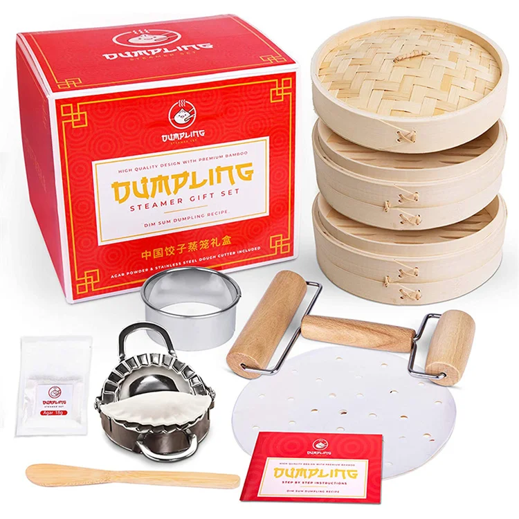 Bambus Pot Reusable Momo Kitchen 2 Tiers Package Tasty Bao Buns Commercial Dumpling Bamboo Steamer Set With Cotton Liners