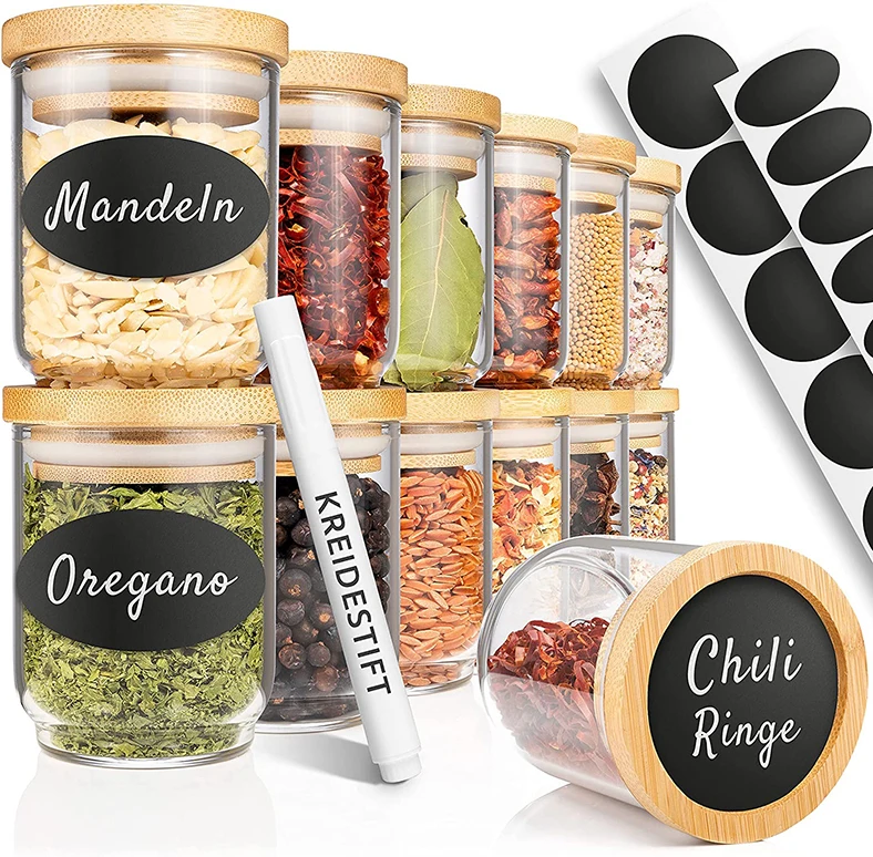 9 pcs in a set 150 ml Borosilicate glass jars set Kitchen Airtight Food Glass Storage Jar Set With Bamboo Lid and black stickers