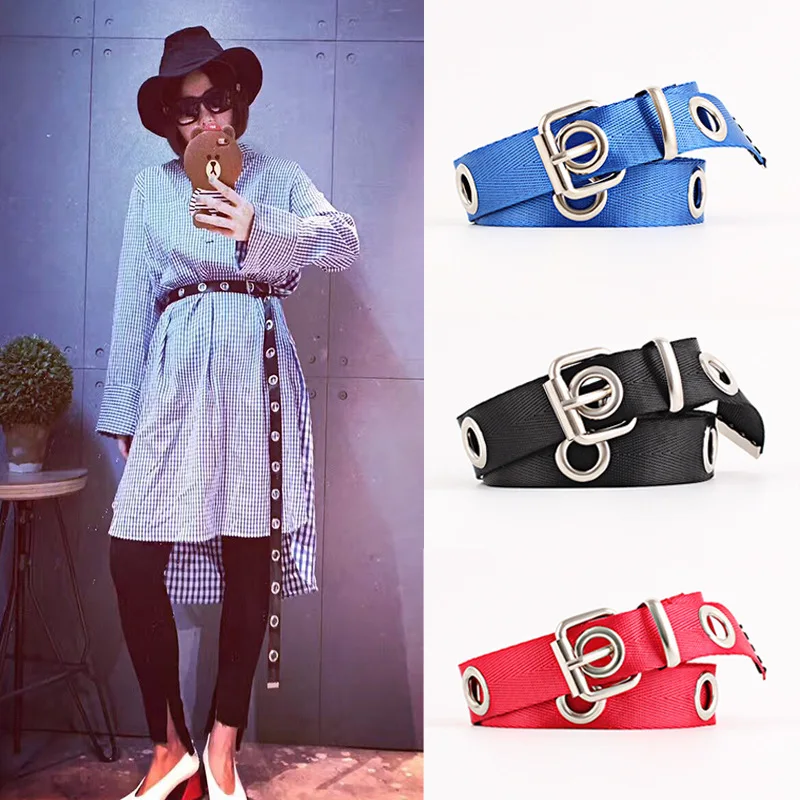Punk Double Grommet Eyelet Hole Belt For Women Men Black Red Canvas Female Male Waist Strap Belts