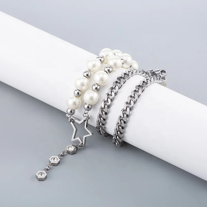 2022 New Punk Trend Men/Women Long Sweater Chain Stainless Steel Rhinestone Pearl Star Pendant Necklaces