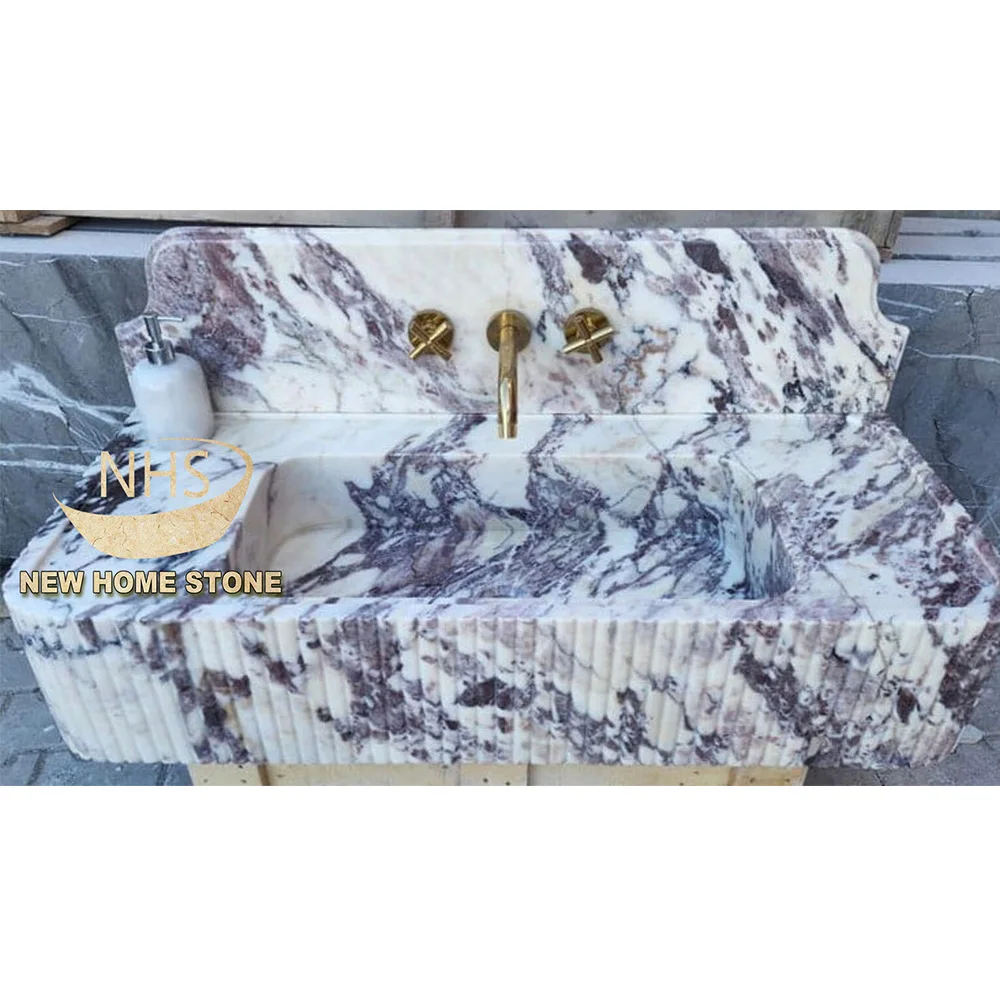 Handcarved grooved Calacatta Viola freestanding marble pedestal sink wall-mounted sink for sales