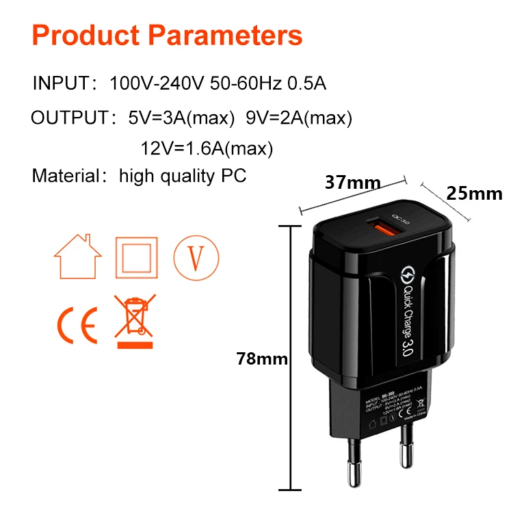 
Universal QC3.0 Fast Charging 3A USB Power Home Wall Travel Charger Adapter for Smartphones 