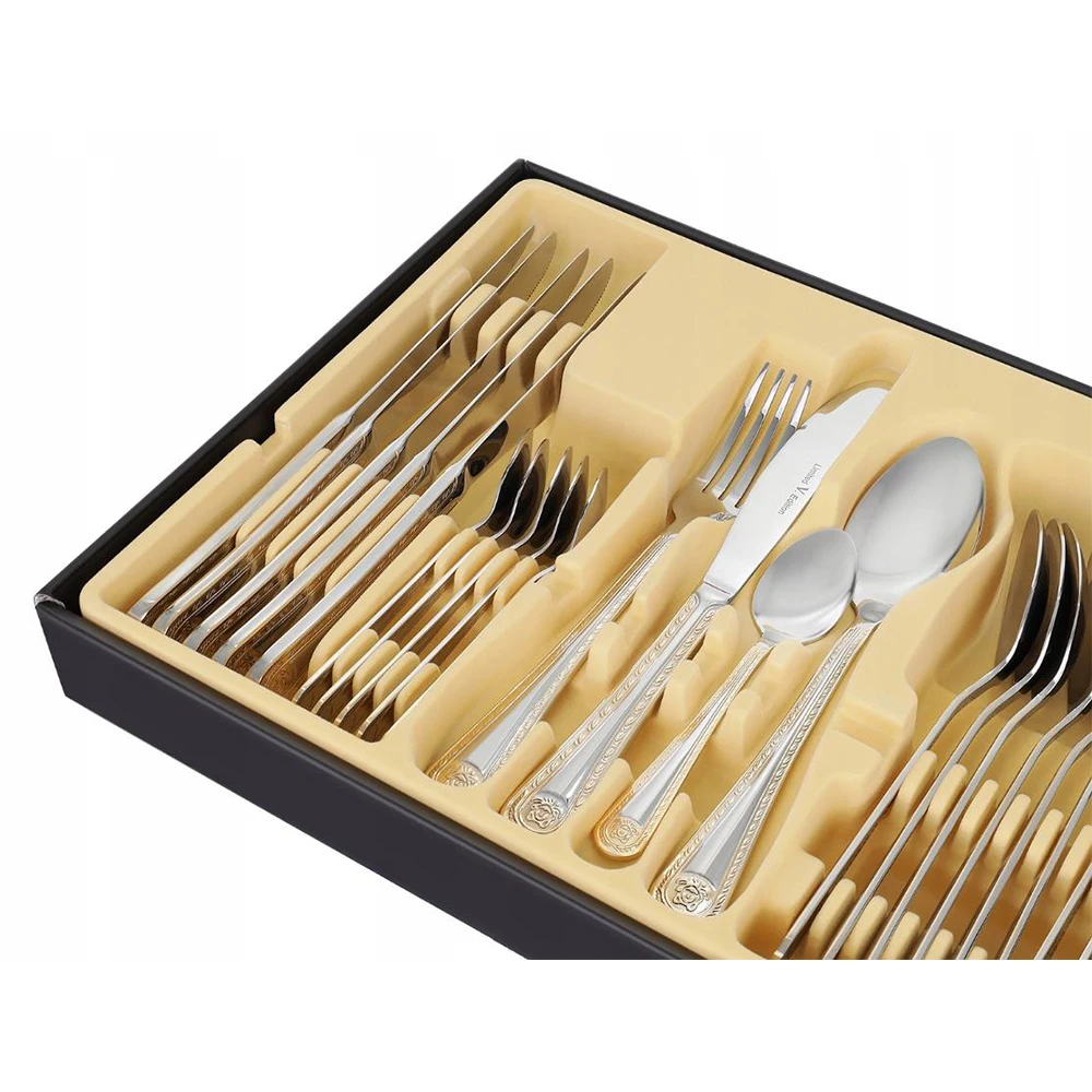 Stainless Steel Bulk Stocked 24 Piece Cutlery Set 24k Luxury Medusa Gold Plated Cutlery 24 Pcs Set with wooden case