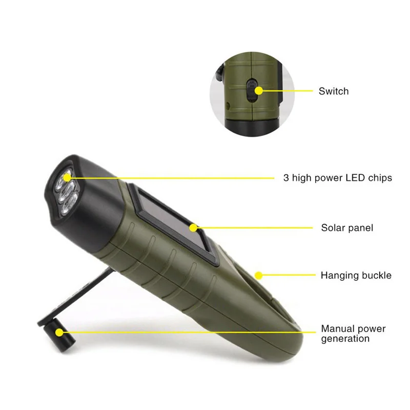 Helius Hand Crank Solar Powered Flashlight Emergency Rechargeable Led Flashlights Self Powered Charging Torch Light