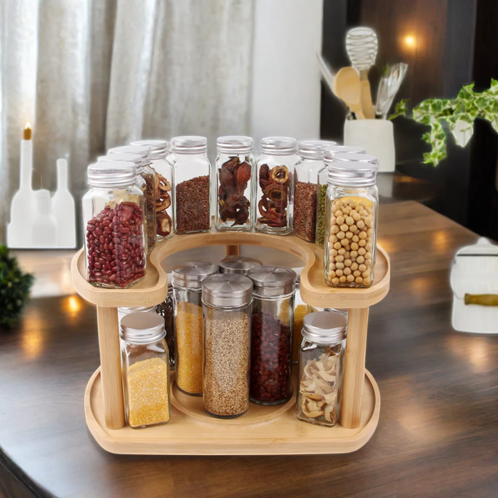 Modern Bamboo 2-Tier Kitchen Lazy Susan Wooden Rotating Tray Turntable Organizer for Plates and Dishes Food Packaging