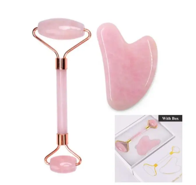 Hot selling anti-aging natural quartz roller and gua sha set for facial eye massage rose quartz roller set