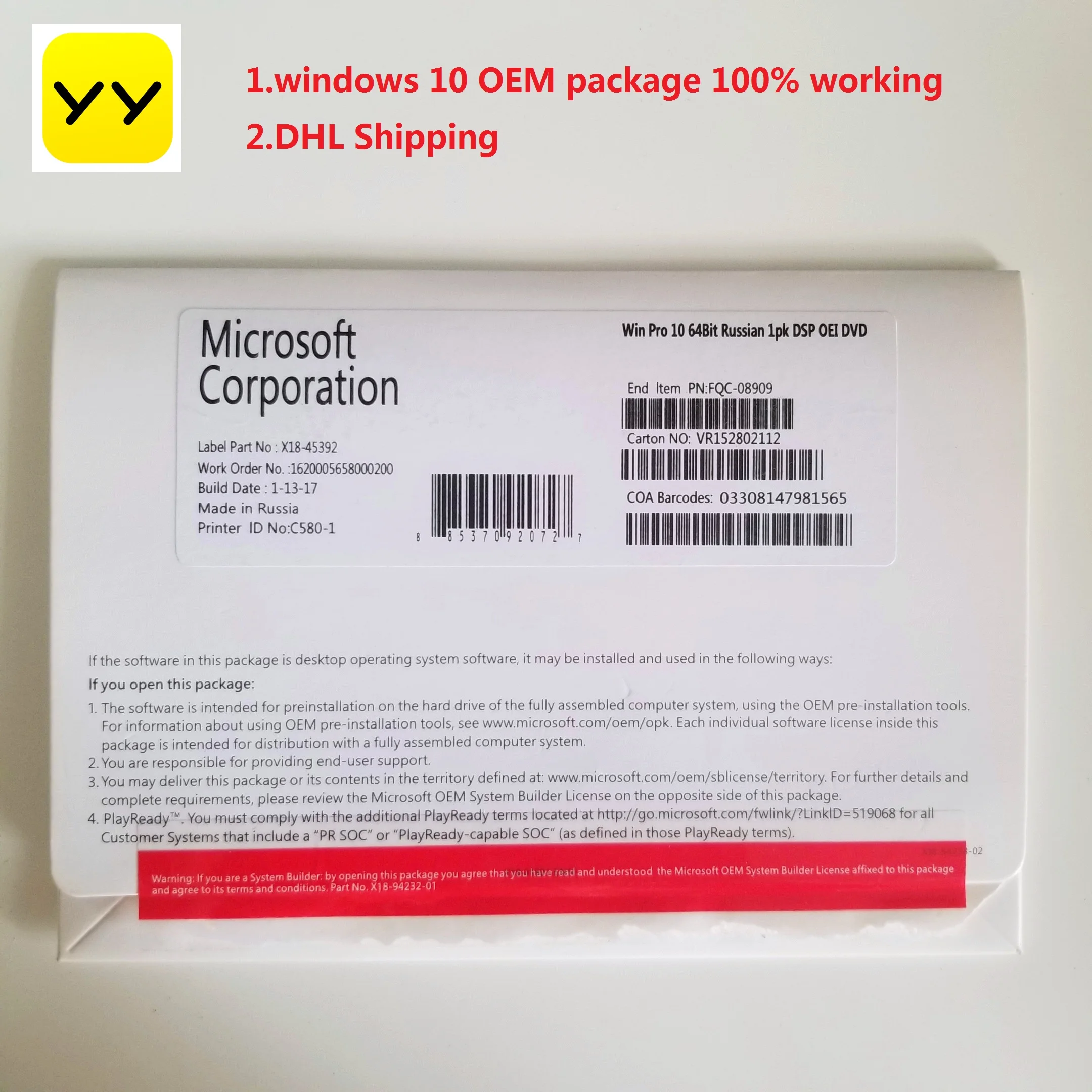 Microsoft windows 10 pro OEM DVD-пакет DHL Бесплатная доставка