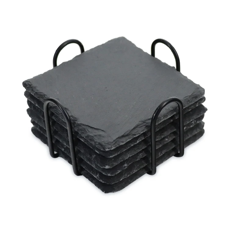 Set of 6 Slate Coaster Custom Black Slate Natural margin Coaster EVA non-slip mat With Metal Holder