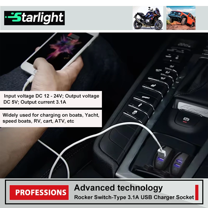 Dual USB Ports Car Charger Rocker Style Switch Waterproof 12-24V 3.1A Power Charge Socket with LED Light for Marine Boat Truck
