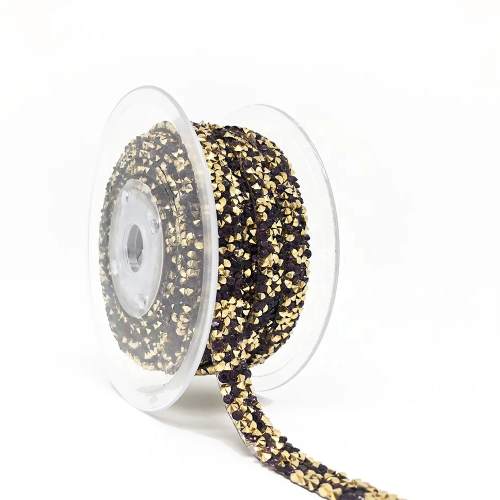 L076 1cm width iron on heat transfer hot fix crystal rock ribbon Gilded bottom crystal  resin rhinestone trimming tape for shoes
