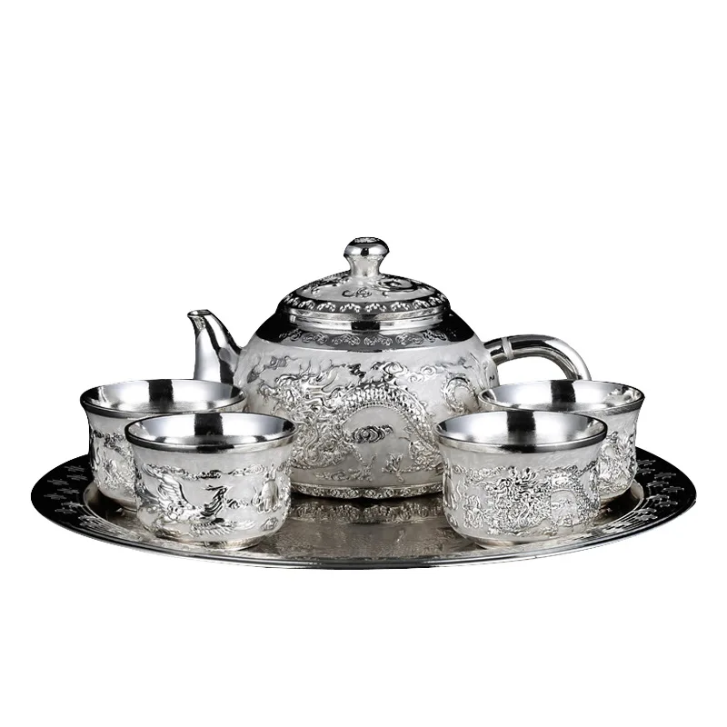 QIAN HU Silver Embossed Dragon Handcraft Turkish Arabic Tea and Coffee Set 4 Cups with Tray