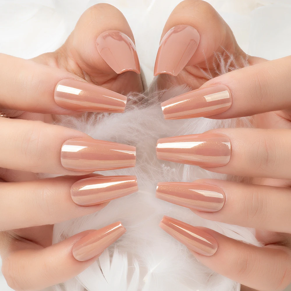 Wholesale Acrylic Chrome Nails Champagne Orange Shimmer Electroplating Long Coffin Press On Nails Artificial False Fingernails