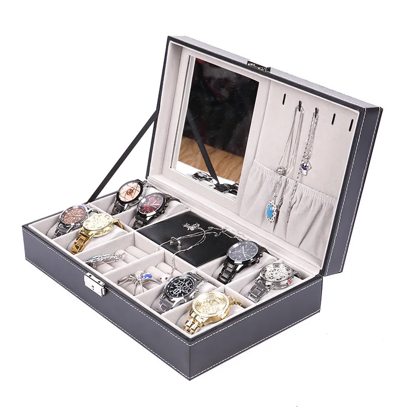 wholesale luxury pu leather watch jewelry organizer box custom logo black watch jewelry box with mirror