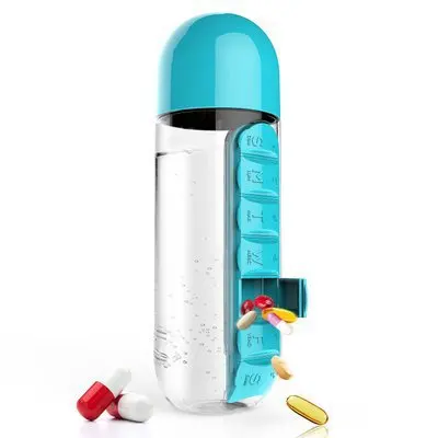 2 In 1 Multifunction Portable Water bottle with Pill Organizer 600 ml Leak-Proof Plastic Water Bottle with Daily Pill Box