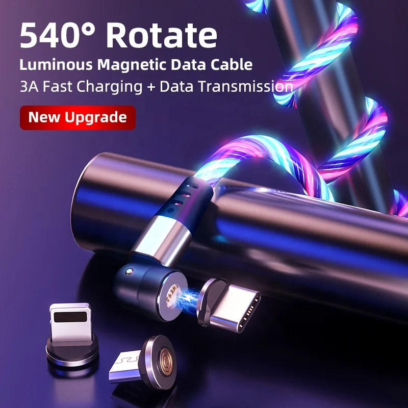 360 Degree Rotate+180 Degree Bent 3 in 1 Luminous Magnetic Data Cable Automatic Streamer 3A Fast Charger Cable
