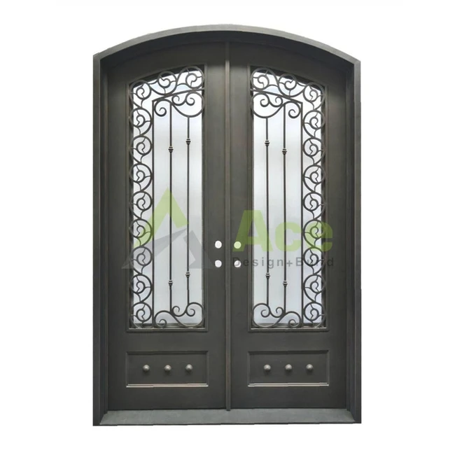 China manufacturer house main entry door exterior rustic arch decorative double wrought iron entrance front doors