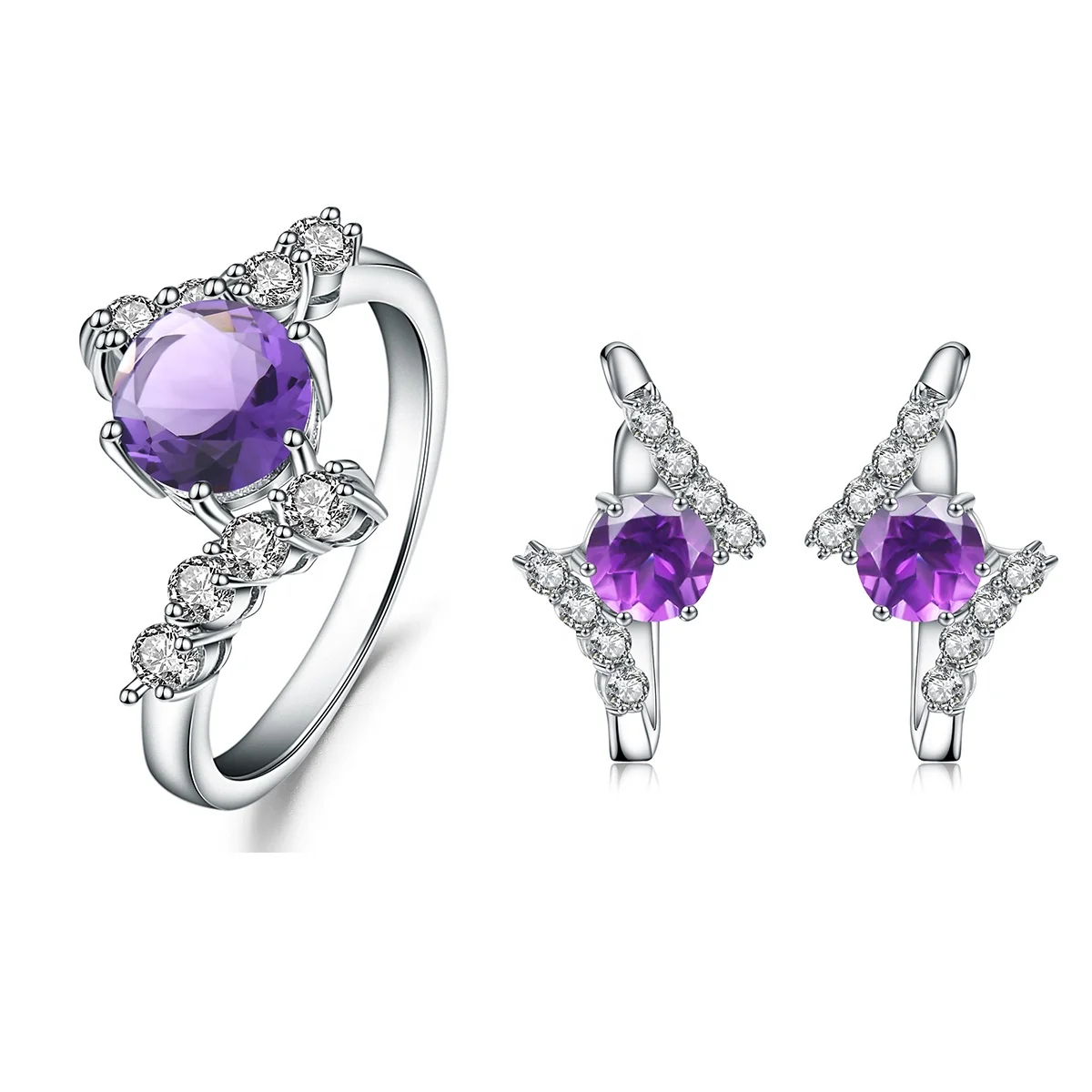 A2024 Abiding Exquisite Natural Real Amethyst Cz Gemstone 925 Sterling Silver Ring And Earrings Jewelry Set