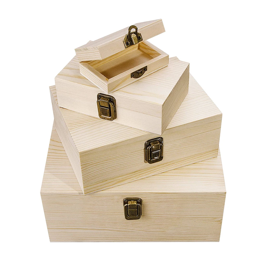 Unfinished Wood Pencil Box, Unpainted Rectangle DIY Artist Tool and Brush Storage Box Case with Locking Clasp