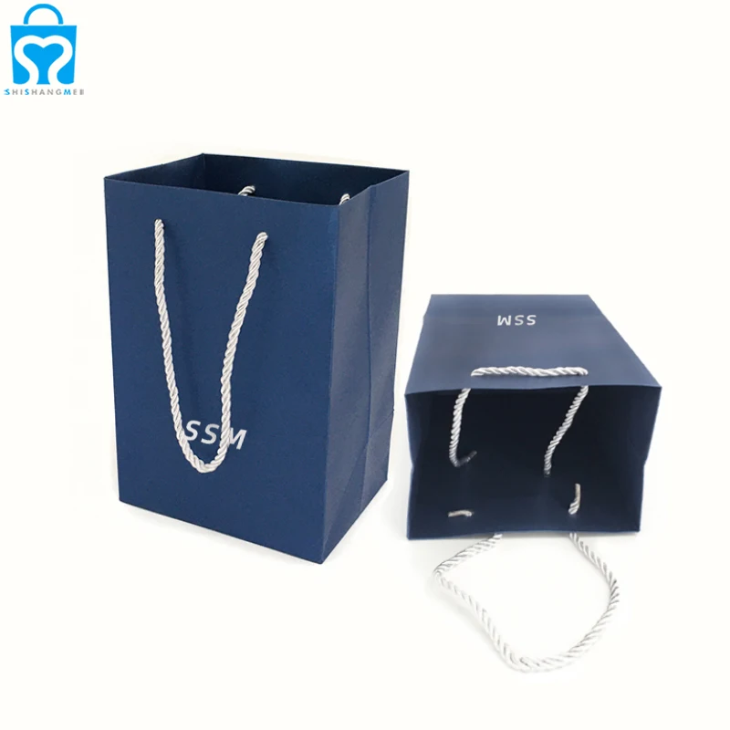 Custom print disposable teal blue small paper gift jewelry tall shopping carrier gift bags with ribbon handles logo takeaway