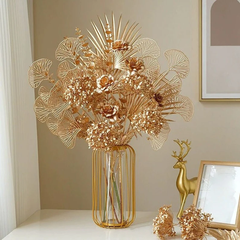 Home Decor Artificial Golden Plant Plastic Eucalyptus Leaves Gold Vintage Greenery Artificial Plants Eucalyptus