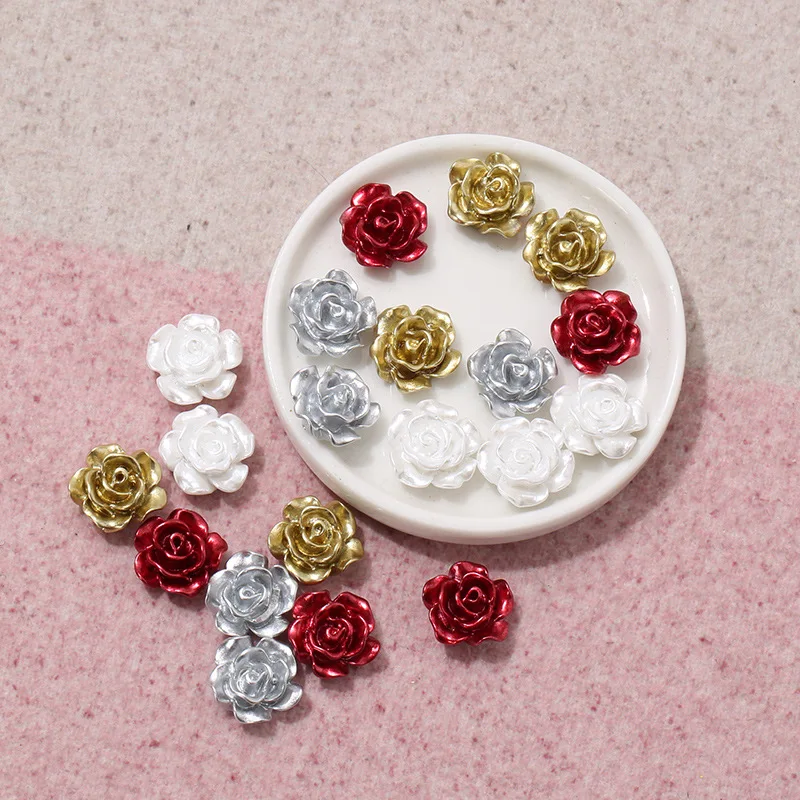 Shiny Pearlized Flower Beads 12mm Flat Back Acrylic Rose Flower Cabochons DIY Jewelry for decorate shoes and clothes