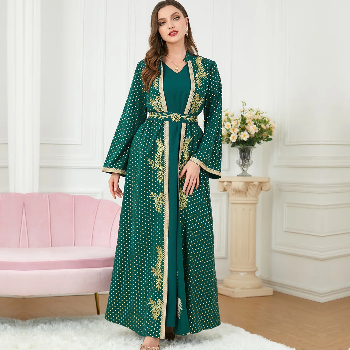 2 piece Green caftan marocain women abaya Muslim dresses wholesale morocco kaftans wholesale India Abaya Sets dress