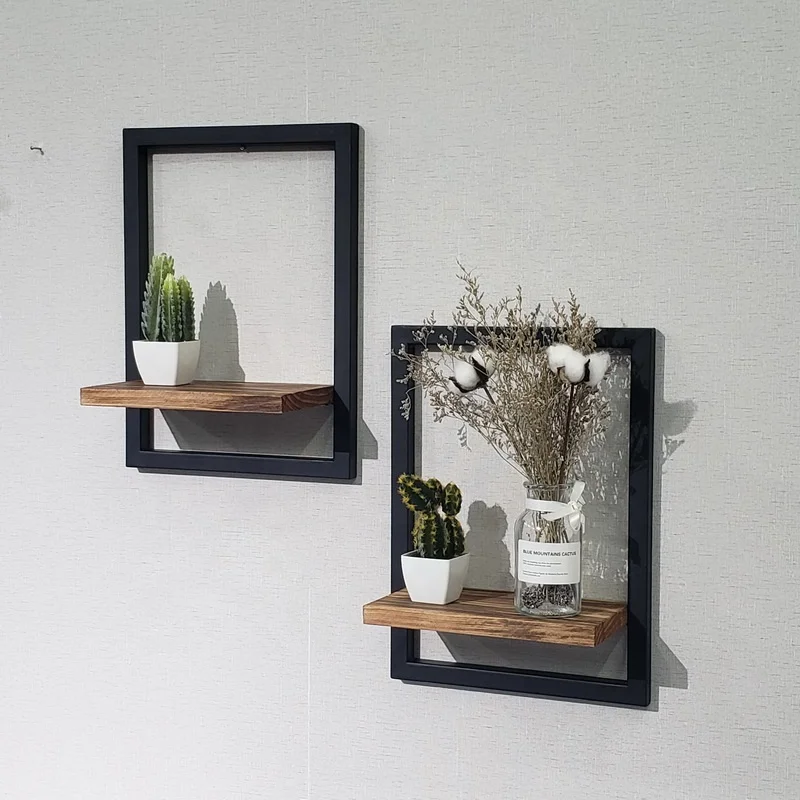 Black Wrought Iron Rack Display Natural Wooden Vintage Multi-function Wall Shelf for Living Room